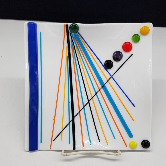 Fused Glass Decorative Plate Bold & Vibrant Color Lines Dots White Square 1980s - Picture 1 of 7